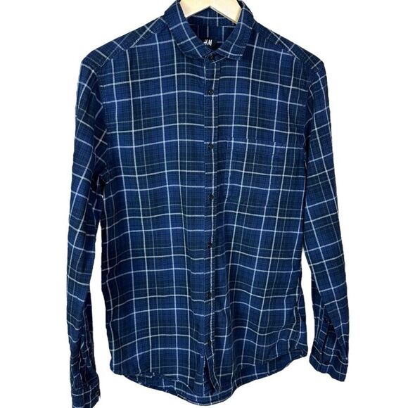 H&M Men’s Blue Plaid Casual Button Down Shirt M - Picture 1 of 5